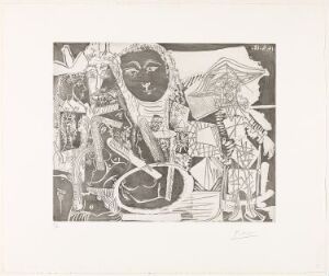  "Arlequin et personnages divers" by Pablo Picasso, an abstract, Cubist aquatint and etching print on paper showing fragmented human figures with a central Harlequin character in a patchwork costume amidst monochromatic shades of gray.