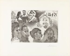  A monochrome print titled "Autour d'El Greco et de Rembrandt: Portraits" by Pablo Picasso featuring a collage of sketched faces and figures in various styles, using black, white, and shades of grey, with aquatint, scraper, and drypoint on paper, creating an array of expressive and stylized portraits.