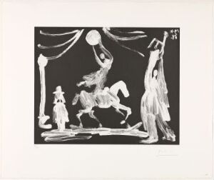  "Au cirque: Écuyère, clown et pierrot" by Pablo Picasso - A monochromatic aquatint and drypoint depicting an abstract circus scene with a female equestrian on a galloping horse, a standing clown to her left, and a pierrot to her right, all under draped circus tent curtains, created with bold and delicate lines in black on creamy white paper.