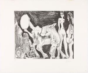  "Cirque: Écuyère, femmes et spectateurs, dont un garagiste déguisé" by Pablo Picasso, a black and white etching depicting a circus scene with a female horse rider at the center surrounded by women and spectators, including a mechanic in disguise, rendered in dynamic lines on paper.