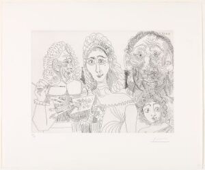  A black and white line etching by Pablo Picasso titled "Peintre avec couple et enfant," featuring stylized figures including a painter with a palette, a poised female figure with a ruffled neckline, a ghostly layered face, and a child's face in the lower right, all on a light background with ample white space around the etched area.