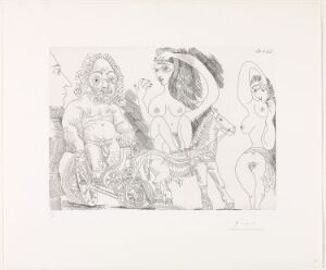  A black and white etching by Pablo Picasso titled "Char romain avec vieil athlète, écuyère, odalisque et spectateur" featuring four stylized figures including an older athlete, a performing equestrian, a relaxed odalisque, and an engaged spectator, all rendered in Picasso's expressive line work with varying degrees of shading and textural detail.