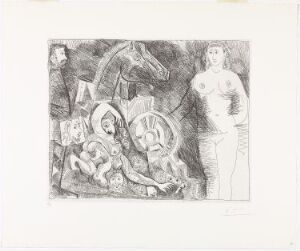  A black, white, and gray etching titled "Char romain, avec écuyère tombant, femme nue et spectateurs" by Pablo Picasso, depicting an abstract scene with a fallen chariot rider, a nude female figure, and onlookers, rendered in Picasso's signature Cubist style.