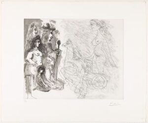  Monochrome aquatint, drypoint, and etching print on paper by Pablo Picasso titled "Kvinne i en romersk vogn, tilskuer à la Rembrandt og små gutter," depicting an abstract scene with a woman in a Roman chariot, shadowy figures suggesting an audience to the