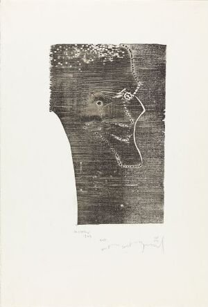 Alt-Text: "Tor Obrestad" by Guttorm Guttormsgaard, a tresnitt print on paper featuring the abstracted profile of a human figure, predominantly in dark tones against an off-white background, emphasizing simplicity and texture.