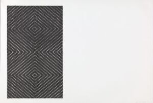  "Tuxedo Park" by Frank Stella, a lithograph on paper with a pattern of concentric diamond shapes composed of thin black diagonal lines on the left, creating an optical illusion of depth, next to a large untouched white space on the right.