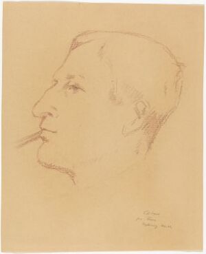  A chalk drawing on paper by Finn Krafft titled "Portrett av Lars Backer," consisting of a minimalistic side profile of a contemplative-looking man facing left, set against a warm, beige background.