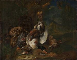  "Game" by Bernaert de Bridt, an oil on canvas painting depicting a collection of game animals with a central prominent white and brown speckled rabbit in an upright position, surrounded by various birds in rich browns and subtle greys against a muted brown and green background, evoking a still life scene.