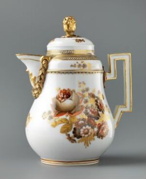  Ornate teapot with a glossy white body and a floral motif featuring a central flower in shades of peach, pink, and orange. It has decorative gold accents including a banded base, top, lid, and an elaborate squared handle with a chain-like design inside. The background is a solid neutral grey.