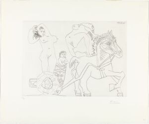  "Femme et enfant sur un char romain, avec une écuyère-acrobate" by Pablo Picasso, a monochrome drypoint etching depicting an abstracted woman, child, and female rider-acrobat with a horse in a stylized Roman chariot scene.