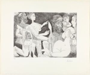  An etching on paper by Pablo Picasso titled "Scène mythologique: Peut-être la convoitise d'Agamemnon pour Briséis," featuring a group of abstracted, mythological figures interacting around a central figure who appears to be receiving a large document. The black and white image utilizes a range of grays to create depth and texture, with figures displaying exaggerated and abstracted features that are characteristic of Picasso's style.