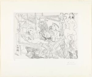  A black and white etching by Pablo Picasso titled "Fantasi i tråd med Füsslis mareritt, med kikker under sengen," displaying a surreal array of figures and shapes centered around an elevated bed with an implied voyeuristic presence underneath, all depicted through intricate line work on paper.