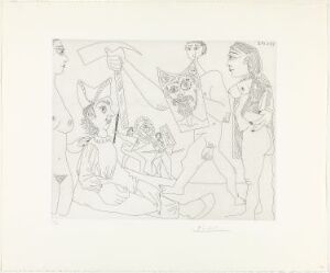  Etching on paper titled "Spectacle de gladiateurs" by Pablo Picasso, depicting an abstract and surreal scene with several disproportionate human figures and a central creature resembling a horse engaged in a gladiatorial event, rendered in black line art on a white background.