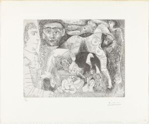  A black and white etching by Pablo Picasso titled "Rêve de marin: Des femmes dans chaque port" featuring a densely interwoven composition of abstract and surreal human forms on paper.