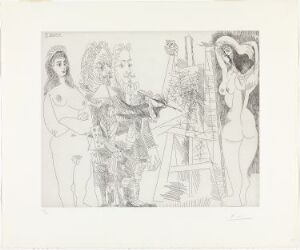  Black and white etching by Pablo Picasso titled "L'atelier, avec un hibou et un envoyé officiel" showing an artist in a studio with an owl, other figures, and an easel, rendered in Picasso's distinctive linear style.