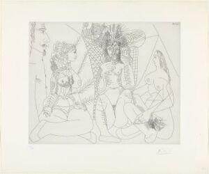  Black and white etching by Pablo Picasso titled "Trois femmes passant le temps, avec spectateur sévère," featuring three abstracted female figures in a complex arrangement of lines and shading, with a subtle stern observer included within the composition.