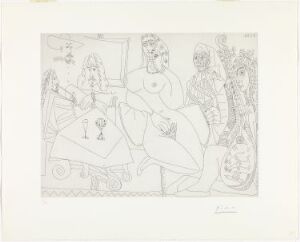  A black and white etching by Pablo Picasso titled "Collation en musique chez la célestine," featuring abstract figures in a social setting with musical themes, executed with fine line work on a light paper background.