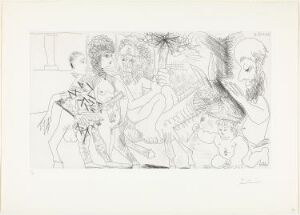  Black and white etching by Pablo Picasso titled "Groupe avec vieillard à la torche sur un âne amoureux, femme et arlequin" depicting an intertwined group of figures including an elderly man with a torch, a donkey, a lover, a woman, and a harlequin on paper. The artwork showcases a mix of abstract and distorted characters engaging in a dynamic and narrative scene, with a range of line thicknesses suggesting texture and movement.