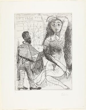  "Peintre en costume espagnol peignant sur son modèle" by Pablo Picasso, a monochromatic etching on paper depicting an artist in Spanish attire painting a graceful female model. The artwork features expressive line work, contrasting textures, and a sense of movement, with the model's arm draped over her head and the artist's concentrated focus.