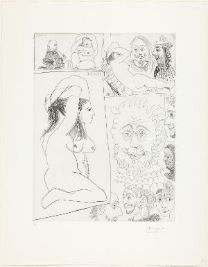  "Bande dessinée" by Pablo Picasso, a black and white sketch on paper featuring comic-style frames with abstract and exaggerated human figures with varied expressions. The artwork employs stark monochromatic lines to depict emotion and narrative.