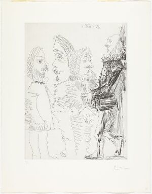  Etching by Pablo Picasso entitled "Quatre hommes en costume rembranesque," showing four stylized male figures in elaborate historical costumes with exaggerated features and expressions, marked by dense black lines on white paper, with the artist's signature at the bottom right.