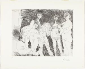  "Vieil homme pensant à sa jeunesse: Garçon sur un cheval de cirque et femmes" by Pablo Picasso, etching on paper depicting an old man in thought with a circus scene in the background featuring a boy on a horse and three women, rendered in intricate monochromatic lines on a white background.