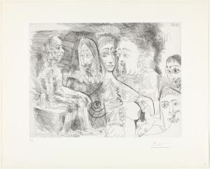  An etching titled "Drømmende olding: Kurtisane med menn kledd à la Rembrandt" by Pablo Picasso, featuring a monochromatic scene with multiple figures in historical attire interacting in a surreal, dream-like composition.