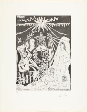  A black and white etching by Pablo Picasso titled "Homme allongé, avec deux filles, évoquant les rapports d'un vieux clown et d'une jeune fille," depicting an old clown figure surrounded by two girls in a circus-themed setting, with a starburst symbol above them and decorative elements, all executed in expressive lines and contrasts of light and shadow.