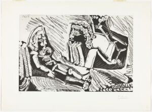  "Conversation muette" by Pablo Picasso, a black and white aquatint and line etching on paper depicting two abstracted figures in close, silent conversation, evidencing Picasso's expressive line work and mastery of shading.