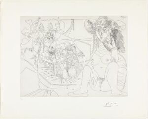  The etching "Jeune femme au chapeau péchant par pensée en louchant sur un prélat" by Pablo Picasso depicts an abstract and cubist portrayal of a young woman in a hat, alongside an abstract figure resembling a clergyman, both composed of fragmented lines and shapes on paper.