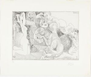  A black and white etching titled "La vie en rose ('Quand...il me parle tout bas')" by Pablo Picasso, depicting an abstract and tangled group of human and animal-like figures with intricate lines and textures on paper.