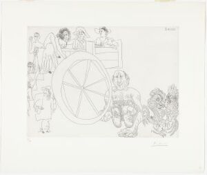  A monochromatic etching on paper by Pablo Picasso titled "Comédiens ambulants, avec autoportrait au chapeau d'arlequin et combat de coqs," depicting a group of performers with a large central wagon wheel, a self-portrait of the artist as a harlequin, figures engaged in animated interactions, and a cockfight, all rendered in intricate black line work on a white background.