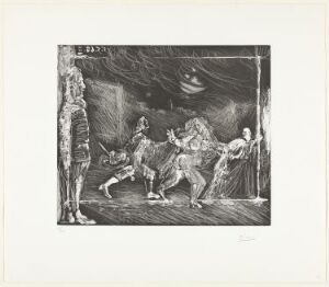  A black and white aquatint, scraper, and needle print on paper titled "Théâtre ou télévision: Cape et épée" by Pablo Picasso, featuring dynamic figures that seem to be engaged in a dramatic scene reminiscent of historical adventure, with intricate shading and expressive lines conveying motion and energy.