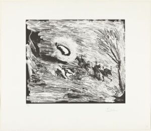  "La Célestine: Fuite sous la lune" by Pablo Picasso, aquatint on paper, depicting an abstract and chaotic scene with high-contrast black and white areas, centralizing an eye-like shape surrounded by dynamic strokes suggestive of night and movement.