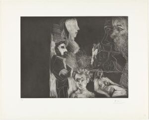  "Jeune couple, vieux couple, spectateur, avec un carrosse au fond" by Pablo Picasso — A monochromatic mezzotint print featuring abstract figures in varying shades of black, gray, and white, showcasing Picasso's distinctive style of distorted forms and expressive lines.