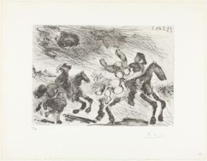  Monochrome etching "Orage, enlèvement, poursuite" by Pablo Picasso showing a tumultuous scene with figures on horseback, a central act of abduction, and storm-like forms in the expressive background.