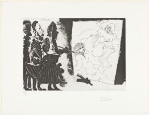  "Patron et sa suite en visite à l´atelier du vieux peintre" by Pablo Picasso, a print with black silhouette figures observing a sketched nude female figure on the right side, exemplifying a contrast of bold silhouettes and delicate line art on paper.