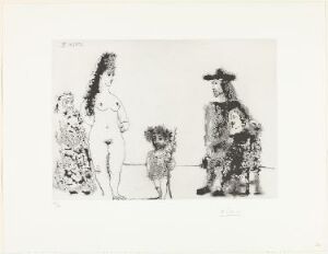  Black and white aquatint print by Pablo Picasso titled "La célestine présente sa pupille; Avec un enfant au rameau d'olivier" featuring four figures on paper – an elaborately dressed woman, a young nude female figure, a child with an olive branch, and another intricately adorned adult with a large floppy hat – all portrayed with expressive, abstract lines typical of Picasso's style.