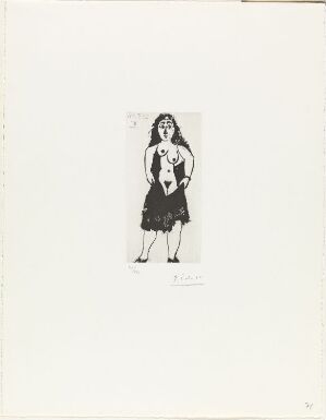  "Maja à la robe courte" by Pablo Picasso, a monochromatic etching on paper displaying a semi-abstract representation of a woman standing confidently with hands on hips, wearing a short ruffled skirt and low-cut top, executed with bold expressive lines.