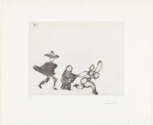  "Jeune fille fuyant avec la célestine et un jeune homme," an etching by Pablo Picasso, shows three figures in motion on paper. Two human-like figures on the left, one female in a dress and one male with a hat, appear to be running, while an abstract collection of circular shapes on the right resembles a molecular model. The artwork is realized in black and white with shades of gray, creating a dynamic scene full of movement and energy.