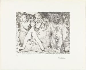  Black and white etching by Pablo Picasso titled "Du mode d'emploi d'une jeune femme" featuring three abstract figures with expressive detailing set in a densely lined background, showcasing dramatic use of contrast and form.