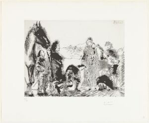  A black and white Pablo Picasso artwork titled "Variation sur le thème de don Quichotte et Dulcinée" featuring the iconic characters from Cervantes' novel. The central figure of Don Quixote stands in armor with a lance, accompanied by a calm horse on the left and what could