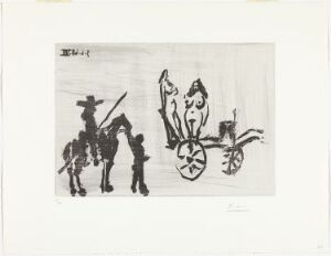  A monochromatic sugar aquatint on paper by Pablo Picasso titled "Don Quichotte rencontrant Dulcinée" featuring minimalistic black lines on a light background representing the figures of Don Quixote with a hat and lance on the left, and Dulcinea accompanied by smaller figures on the right, conveying a scene of chivalric encounter through expressive, simplified forms.