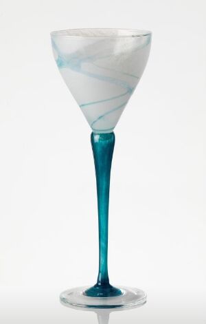  An elegant stemmed glass with a teal stem and a translucent bowl featuring delicate white swirls, set against a white background.