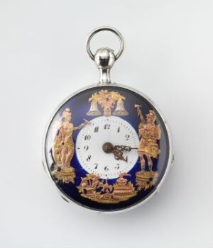  An antique silver pocket watch, "Lommeur," by Abraham-Louis Breguet, with a white dial, Roman numerals, and vibrant cobalt blue enamel bordered with finely chased gold decorations featuring classical figures. The watch combines silver with enamel and gold decor in a traditional round shape.