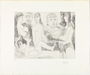  "Femme faisant la sieste, entourée de spectateurs" by Pablo Picasso, a black and white etching on paper depicting a slumbering woman surrounded by onlookers with various degrees of figuration and abstraction, illustrating a harmonious interplay of intricate lines and shades of gray.