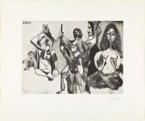  A black and white Pablo Picasso print titled "Homme frisé se balançant, avec odalisques, putto, et espagnol de profil" depicting an assortment of figures including a winged child, two semi-clad female figures, a curly-haired man in motion, and the profile of a Spanish man, executed in aquatint and drypoint with strong contrasts and a variety of textures.