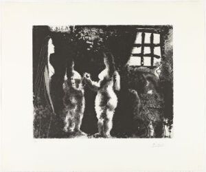 
 "Med Goya i tankene: Kvinner i fengsel" by Pablo Picasso is a black and white sugar aquatint print depicting abstracted figures of women, with a suggestion of confinement and a barred window in the background, evoking a sense of solidarity and confinement.