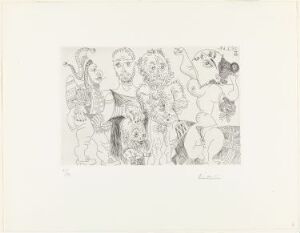  Monochrome etching titled "Polichinelle et nain, romain et vieillard, devant une odalisque dansant" by Pablo Picasso featuring a collection of whimsical figures including a harlequin, a dwarf, a Roman, an elderly man, and a dancing odalisque, all rendered in Picasso's iconic line drawing style on neutral-toned paper.