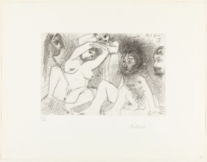  An abstract monochromatic print titled "Couple pensant à une partie à trois" by Pablo Picasso, depicting an entanglement of three figures with overlapping forms and expressive lines, devoid of color except for the varying shades of black, white, and grey on light cream or white paper.